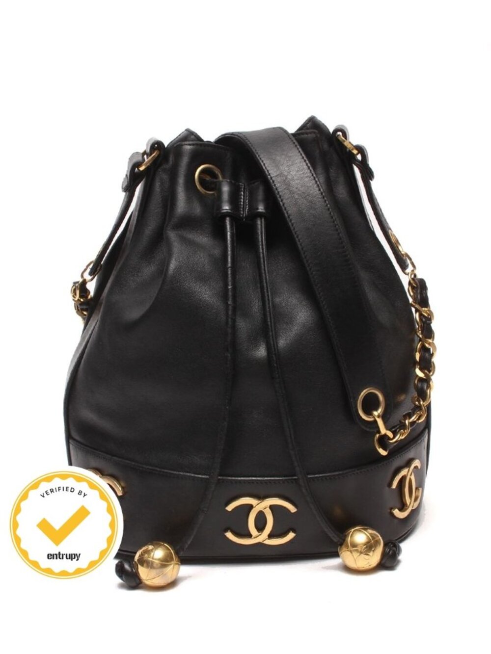 Chanel Chain Shoulder Bag Gold Drawstring Lambskin Triple CC Logo